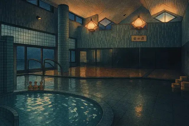 Het badhuis Kin no Yu in Arima, met het bad en de lantaarns aan het plafond