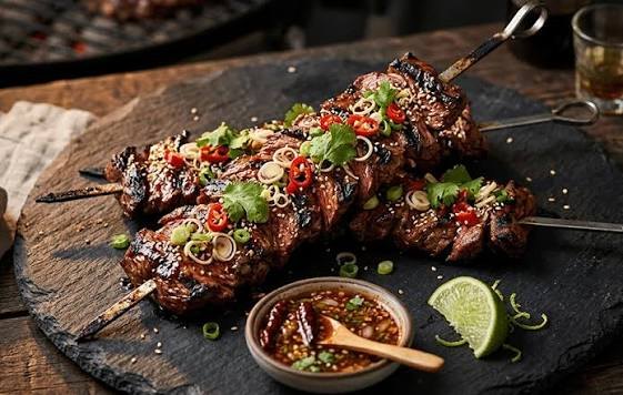 Gegrilde vleesspiesjes op een leisteen, met lente-ui, sesam en een kommetje saus